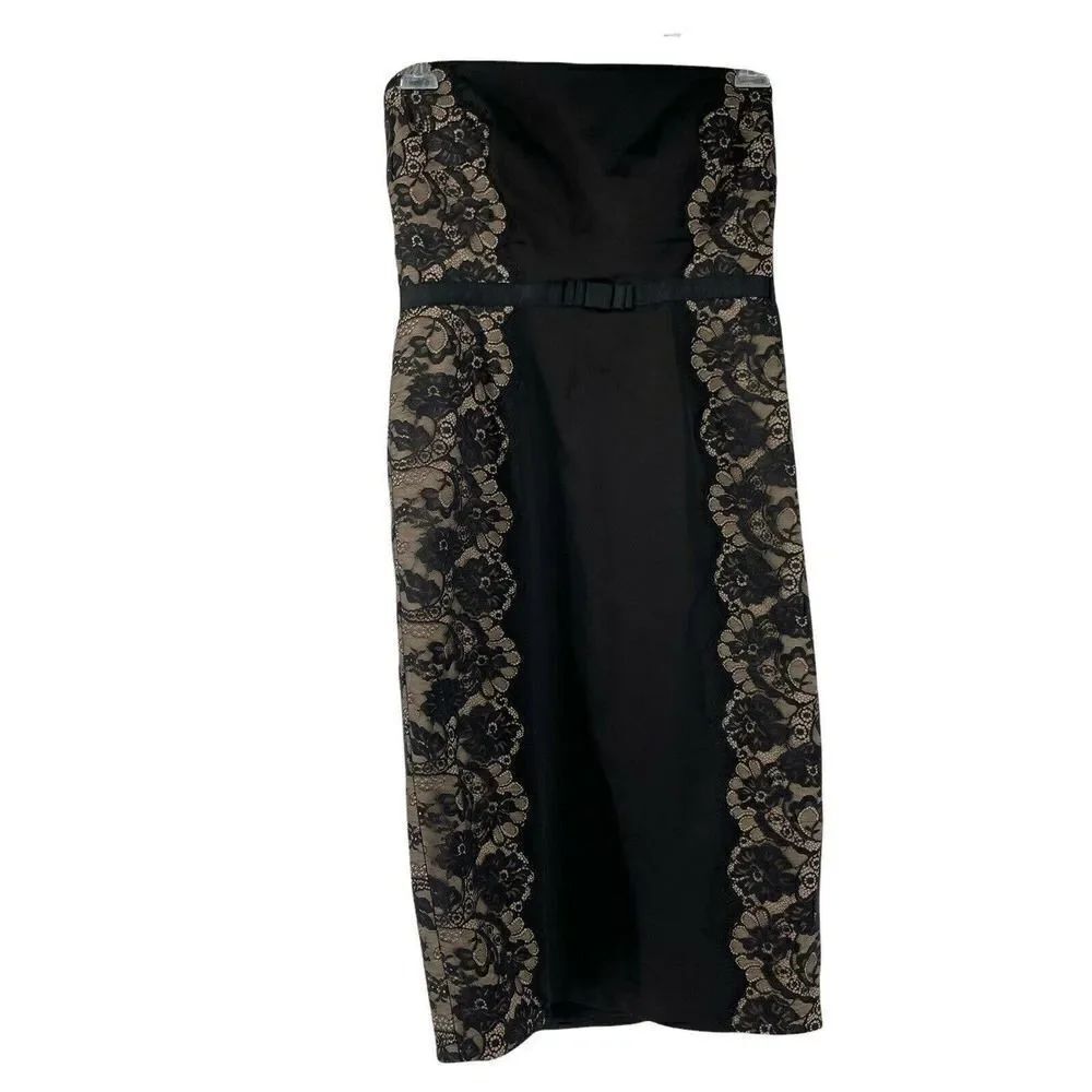 T Tadashi Dress Strapless Midi Length Black Lace Panels Designer US 8 Cocktail